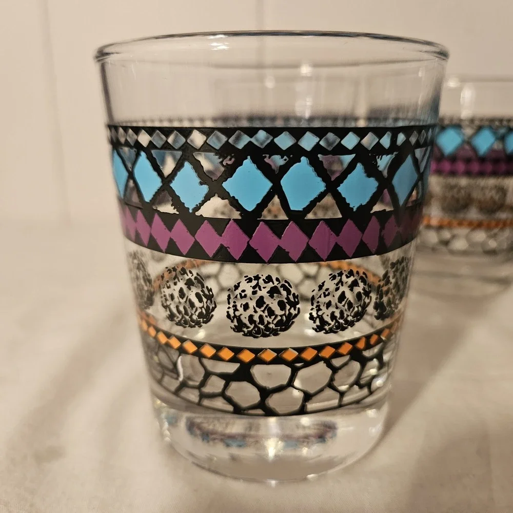 IKEA Geometric Juice Rocks Bar Drinking Glasses Old Fashion Purple Teal Set Of 5